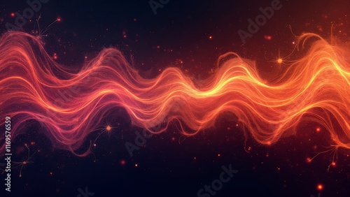 Obraz na płótnie Abstract energy wave of glowing orange light particles on dark background w salonie