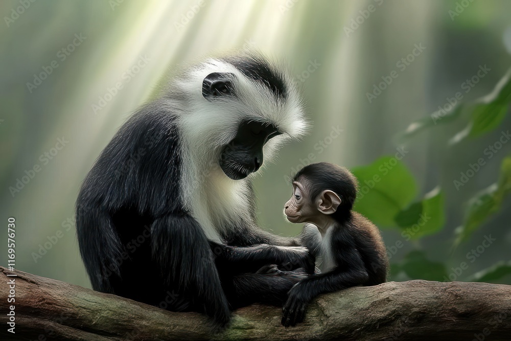 A black and white colobus monkey mother gently cradles her infant on a tree branch, bathed in sunlight. A black and white colobus monkey mother gently cradles her infant on a tree branch, bathed in sunlight.