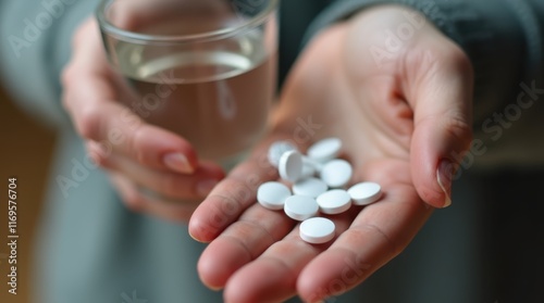 Close-up of a person's hands holding a handful of white pills and a glass of water.