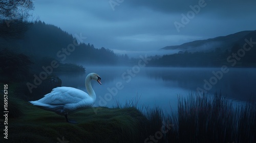 Serene swan at twilight on misty lake shore. photo