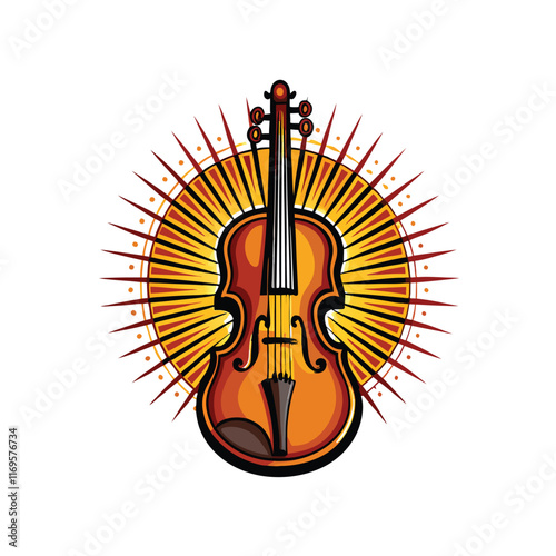 A violin with strings made of rays of sunlight, surrounded by a stylized sun.
