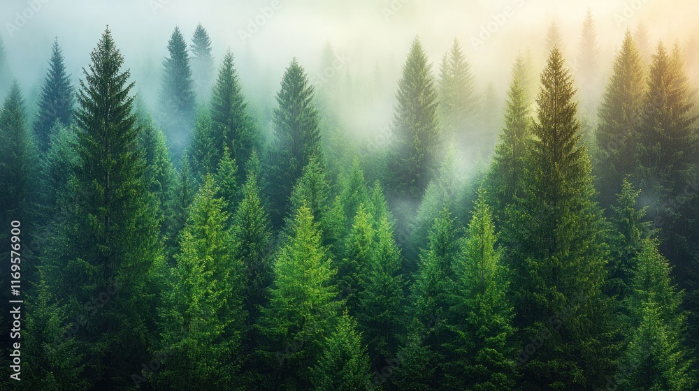 Fototapeta premium A misty forest landscape filled with tall evergreen trees, creating a serene natural atmosphere.