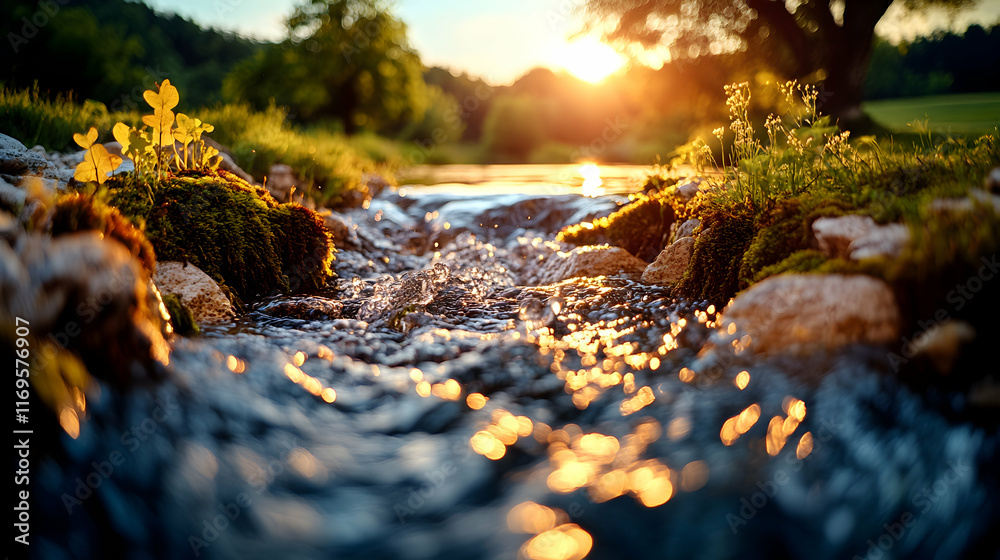 Fototapeta premium Sunset over a flowing stream.