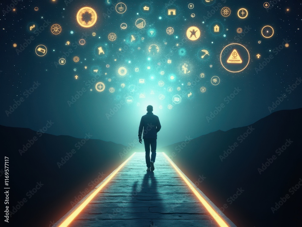 Exploring obsessive thinking through a surreal journey along a glowing path towards symbols of ideas and memories Exploring obsessive thinking through a surreal journey along a glowing path towards symbols of ideas and memories