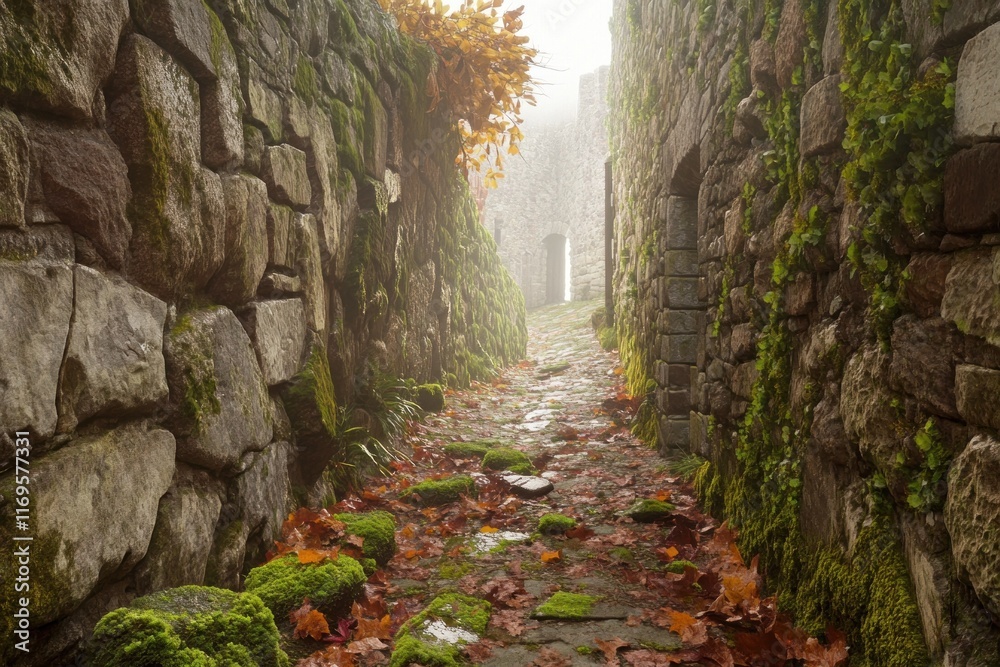 Misty autumn alleyway in an ancient stone village, moss-covered walls, fallen leaves. Misty autumn alleyway in an ancient stone village, moss-covered walls, fallen leaves.