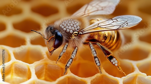 A queen bee with an elegant gold-plated body and diamond-studded wings, floating above a radiant honeycomb, her form casting sparkling reflections as she moves.