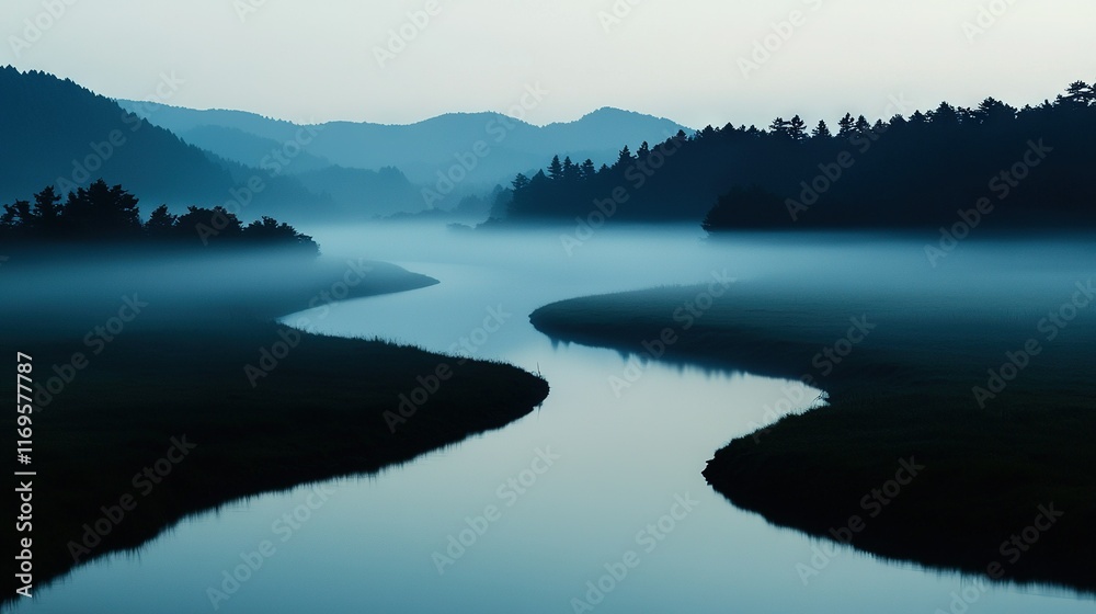 Obraz premium A body of water surrounded by trees in a foggy area with a river running through its middle is an ideal image to capture The lush greenery and misty surroundings add depth to