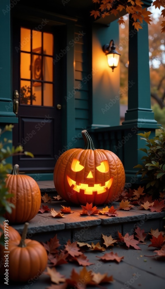 Obraz premium Intricately carved jack-o'-lantern glows on porch, surrounded by vibrant autumn foliage , halloween, spooky, brown