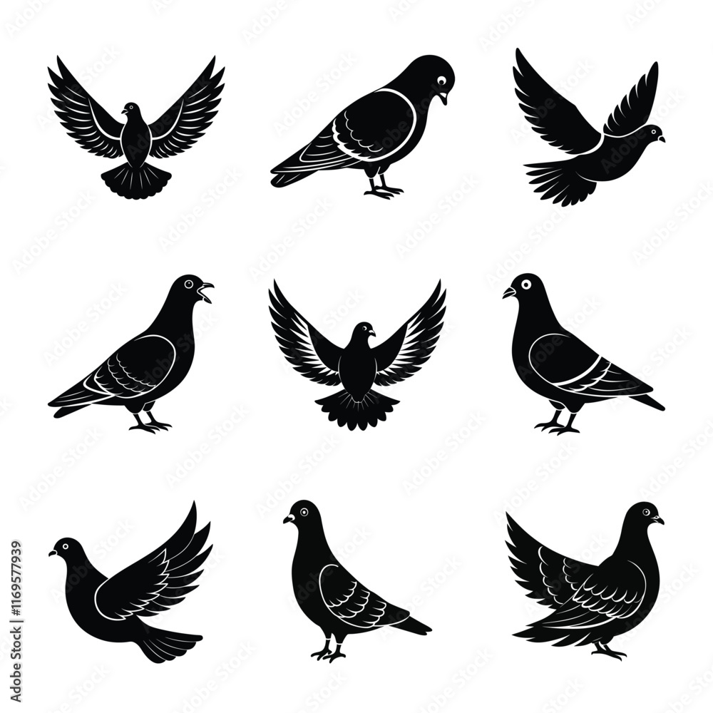 Obraz premium Bundle of pigeon silhouette vector illustration