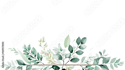 Watercolor had drawn  leaves, simple soft background design, blank wallpaper vector illustration.Seamless herbal composition for wedding or greeting card. Spring Border with leaves eucalyptus.