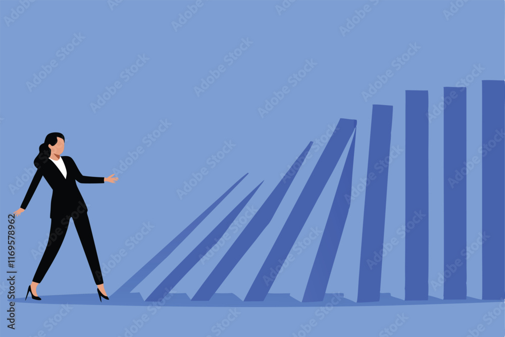 Businesswoman stops dominoes from falling, symbolizing risk management. Businesswoman stops dominoes from falling, symbolizing risk management.