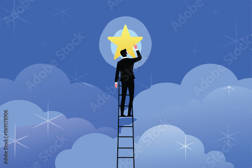 Businessman reaching for a golden star while standing on a ladder against a blue sky background with clouds.