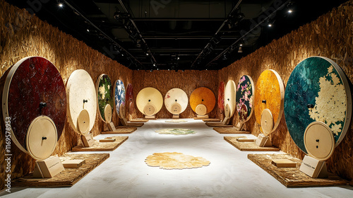 Colorful circular art installations in a modern gallery. photo