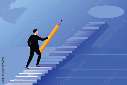 Businessman climbing stairs with a giant pencil, symbolizing a successful strategy to reach goals.