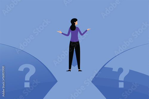 A woman stands at a fork in the road, each path leading to a question mark, representing uncertainty in career choices.