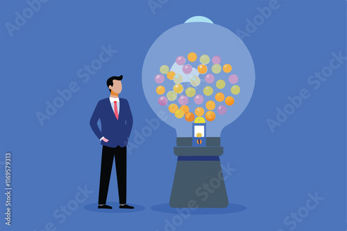 A businessman standing in front of a large gumball machine, symbolizing new business opportunities.