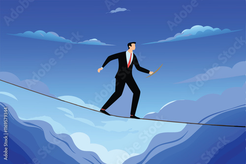 Businessman balancing on a tightrope between two cliffs, representing the challenges of risk management and investment protection.