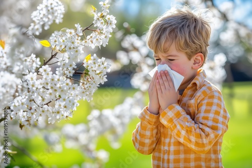 cute child sneezing outdoors into a handkerchief. Picture for hay fever, cold, allergies
