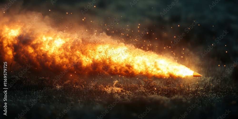 Ignition and Launch of a Hypersonic Missile Showcasing Intense Flames and Smoke Trail in a Dramatic Atmospheric Battlefield Environment Ignition and Launch of a Hypersonic Missile Showcasing Intense Flames and Smoke Trail in a Dramatic Atmospheric Battlefield Environment