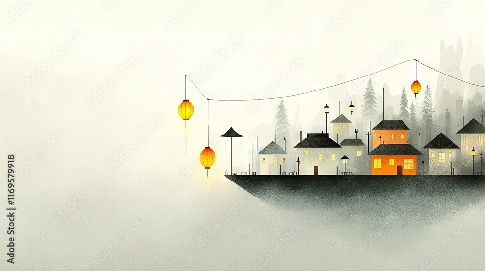 Fototapeta premium A house amidst foggy woods, illuminated by hanging lanterns