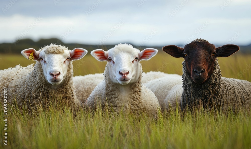 Obraz premium Three sheep, different colors, grassy field.