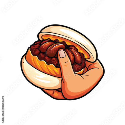 Vector illustration of a hand pulling apart a steamed bun filled with meat.
