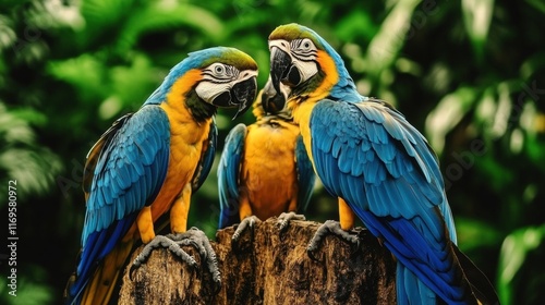 Blue-and-yellow macaws perched on a tree stump in lush greenery