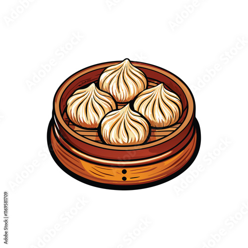 Close up vector illustration of four hand rolled pork and shrimp dumplings in a wooden steamer basket.