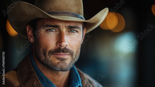 Portrait of a Cowboy in a Rustic Setting Wearing a Traditional Hat and Leather Jacket, Capturing the Essence of Western Lifestyle and Rugged Individualism