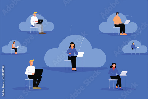 Illustration depicting remote workers using cloud computing.