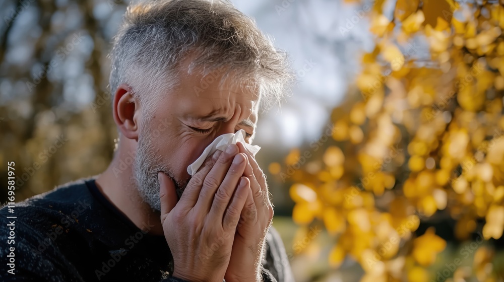 A middle-aged man sneezing into a tissue outdoors on a sunny autumn day, surrounded by golden leaves, symbolizing allergies or seasonal changes. A middle-aged man sneezing into a tissue outdoors on a sunny autumn day, surrounded by golden leaves, symbolizing allergies or seasonal changes.