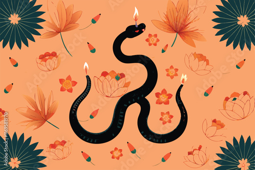 Illustration of a black snake curled around itself, with orange lotus flowers surrounding it.