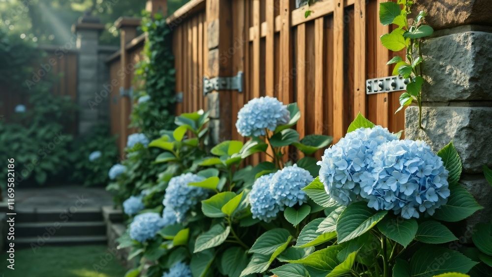 Stunning Blue Hydrangeas Blooming Near Wooden Fence Stunning Blue Hydrangeas Blooming Near Wooden Fence