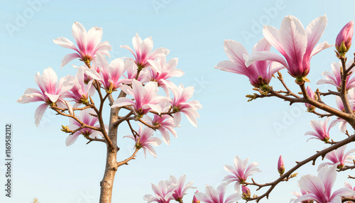 Magnolia flowers blooming against a clear blue sky