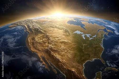 North America from Space at Sunrise with Glowing Horizon