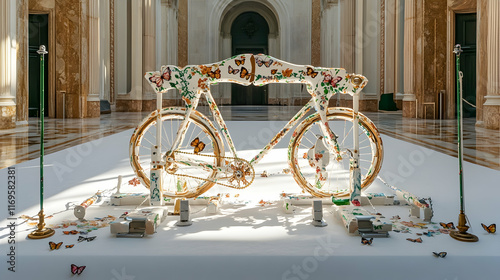 Artistic bicycle sculpture with butterfly design, displayed indoors.