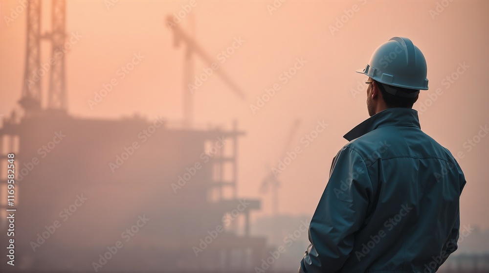 A civil engineer stands looking at the construction site. Generative AI A civil engineer stands looking at the construction site. Generative AI