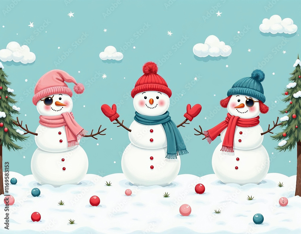 Group of Decorated Snowmen in a Snowy Park Under a Bright Blue Sky Group of Decorated Snowmen in a Snowy Park Under a Bright Blue Sky