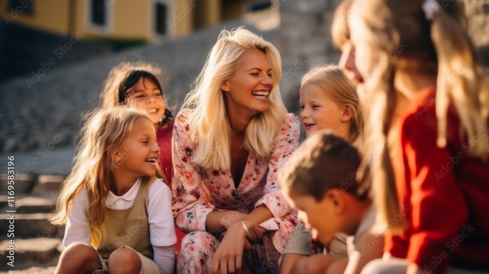 Fototapeta premium Joyful Teacher Engaging with Happy Children Outdoors. Generative ai