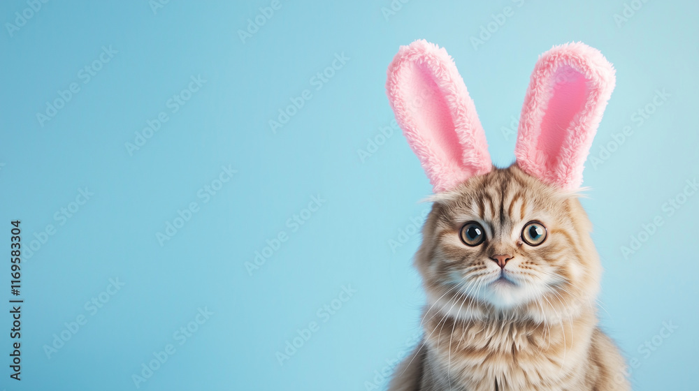 Fototapeta premium Fluffy British Shorthair Cat with Bunny Ears in Pastel Setting