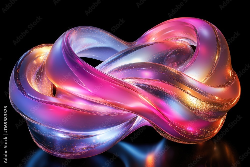Obraz premium Abstract 3D rendering of iridescent, intertwined shapes, glowing with vibrant pink, purple, and gold hues.