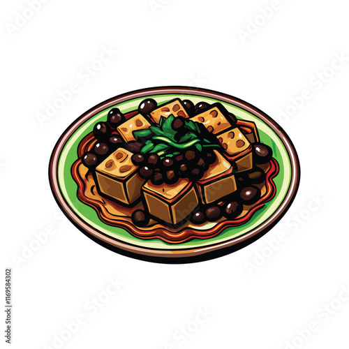 A detailed vector illustration of a colorful plate of stir-fried tofu with black beans and a garnish of green herbs.