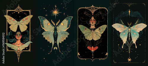 set of illustrations of tarot cards, the theme of isoterics and fortune telling	
