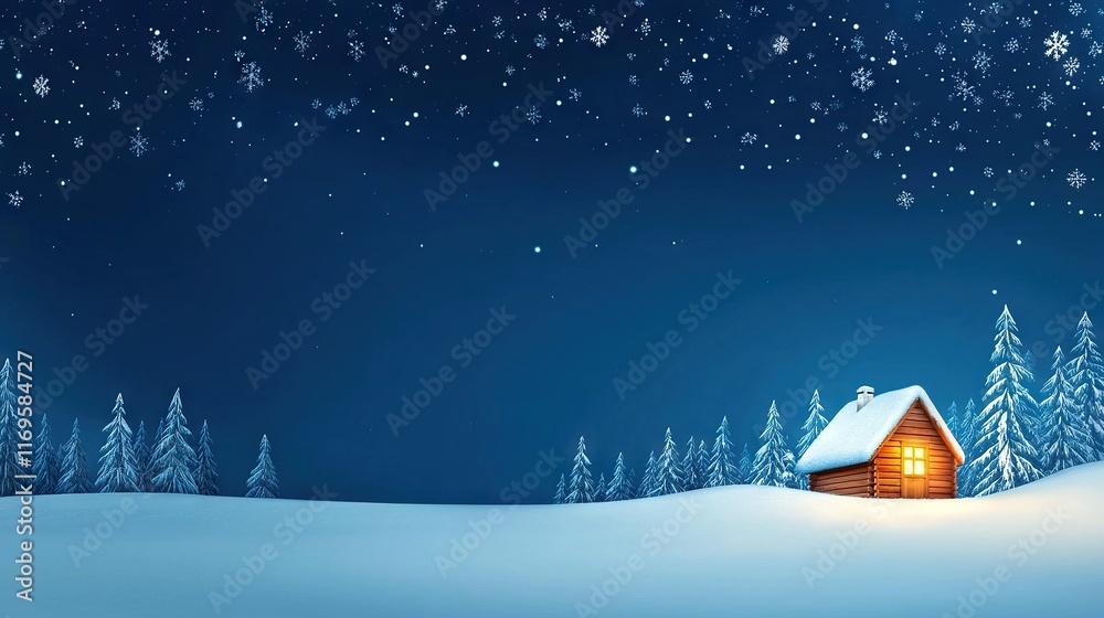 Naklejka premium A cozy cabin nestled under twinkling stars in a serene snowfall