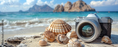 Seashells Lying on Pristine Sandy Beach Beside Modern DSLR Camera with Scenic Ocean Waves and Mountainous Island in Horizon under Blue Sky
