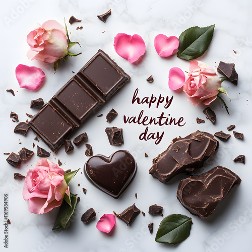 happy valentine day in white background with chocholatte love and rose flower photo