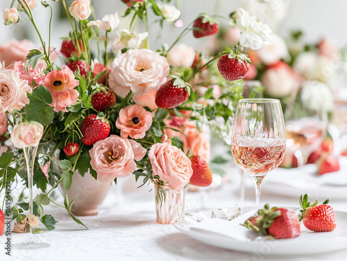 party decor featuring aesthetics, curvy candlesticks, and strawberry-themed centerpiec photo