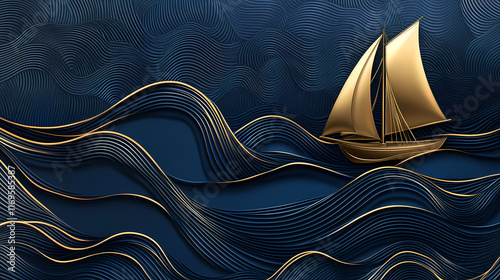 Fondo azul marino con lineas en curva en color dorado moderno y abstracto con espacio de copia elegancia y sofisticacion. Seafarer. Illustration