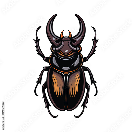 Detailed vector of a rhinoceros beetle with its horns.