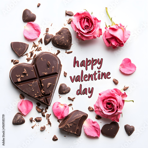 happy valentine day in white background with chocholatte love and rose flower photo